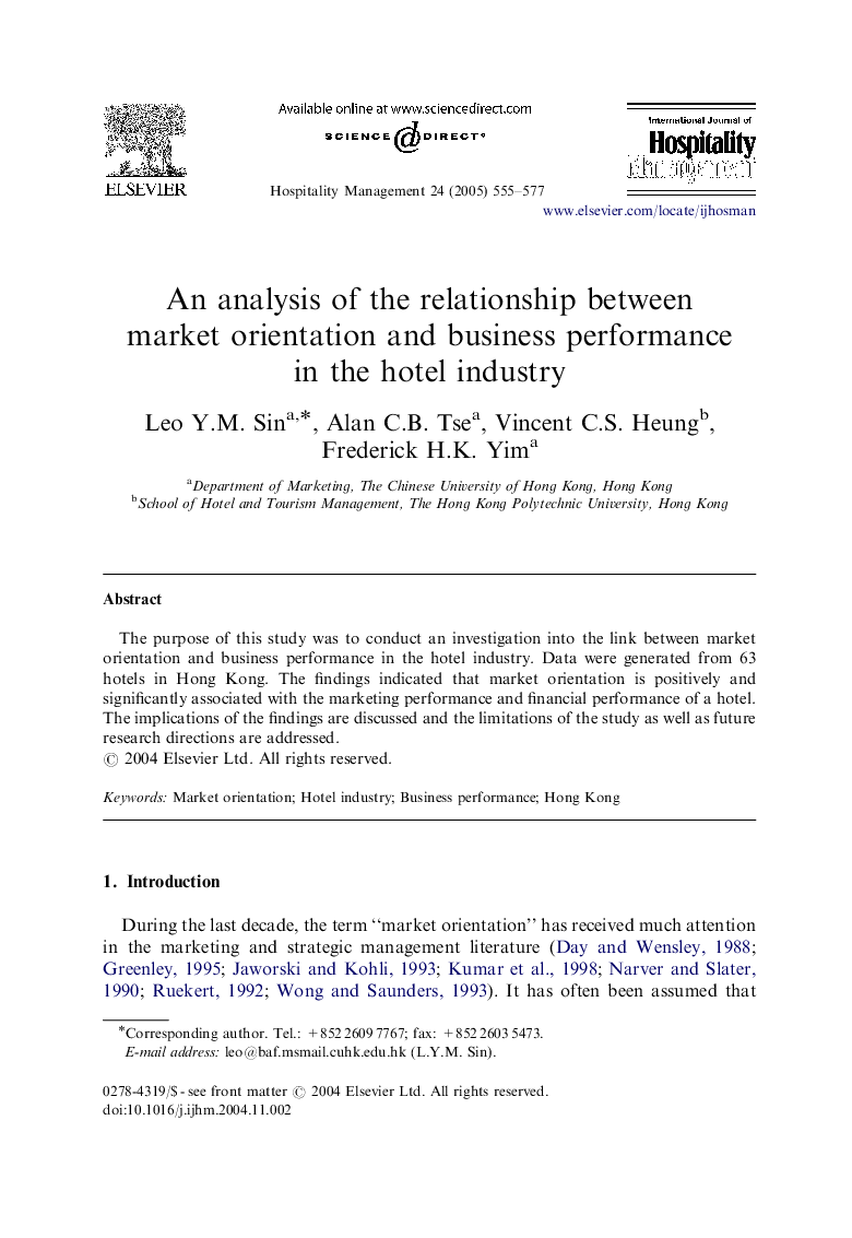 An analysis of the relationship between market orientation and business performance in the hotel industry