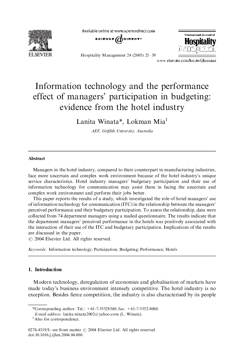 Information technology and the performance effect of managers' participation in budgeting: evidence from the hotel industry