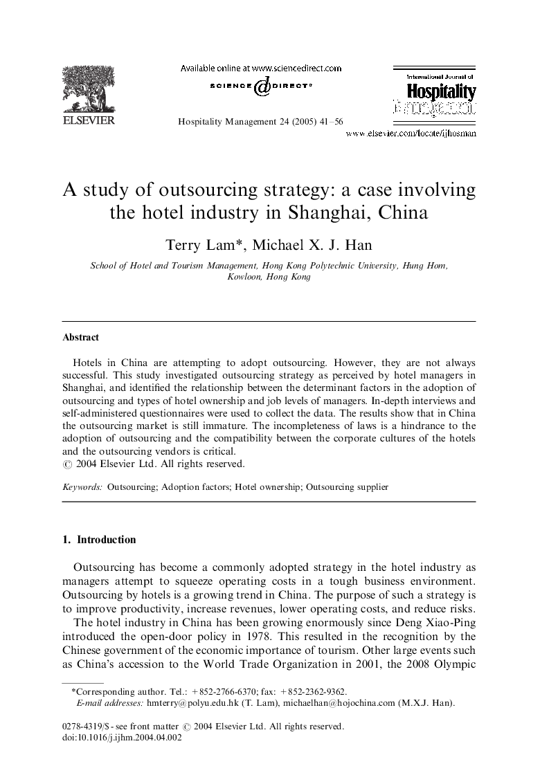 A study of outsourcing strategy: a case involving the hotel industry in Shanghai, China