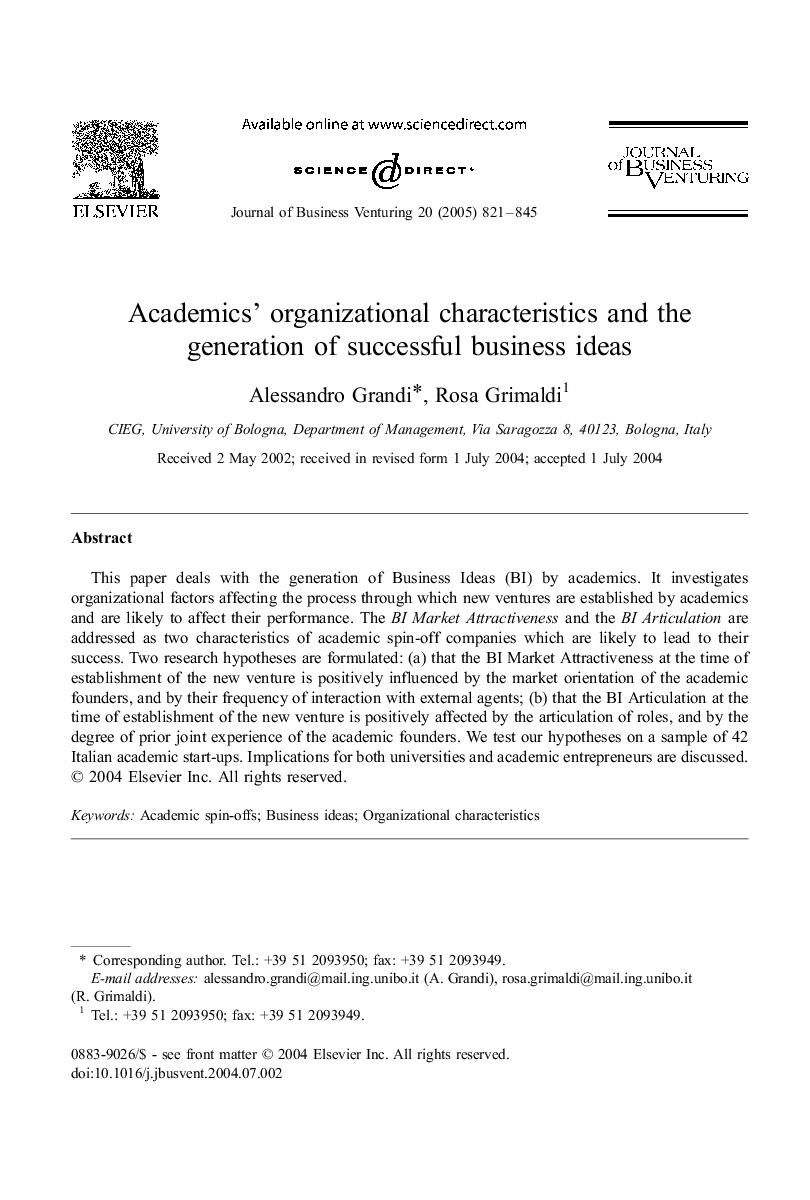 Academics' organizational characteristics and the generation of successful business ideas