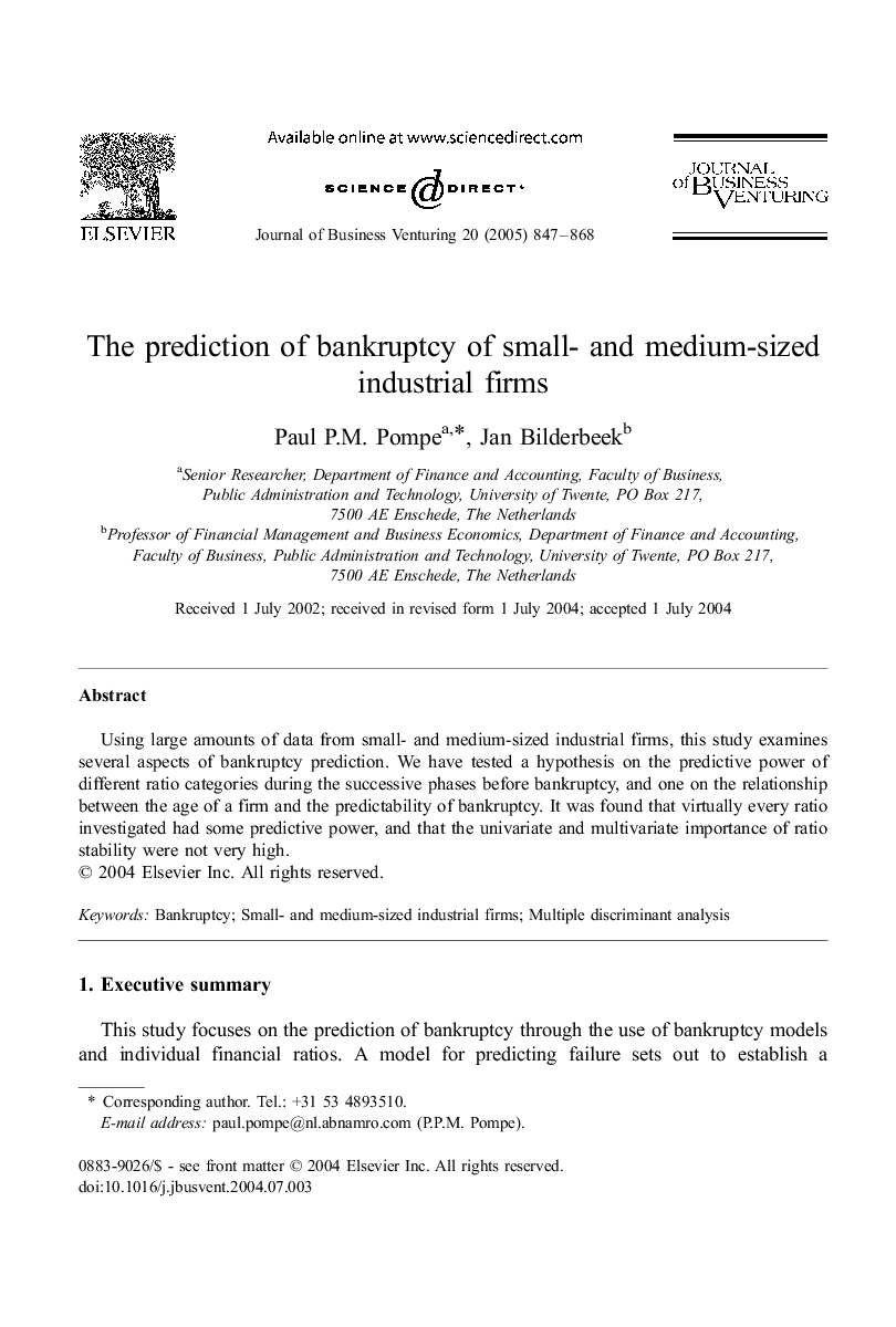 The prediction of bankruptcy of small- and medium-sized industrial firms