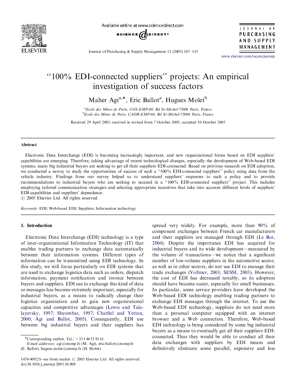 “100% EDI-connected suppliers” projects: An empirical investigation of success factors