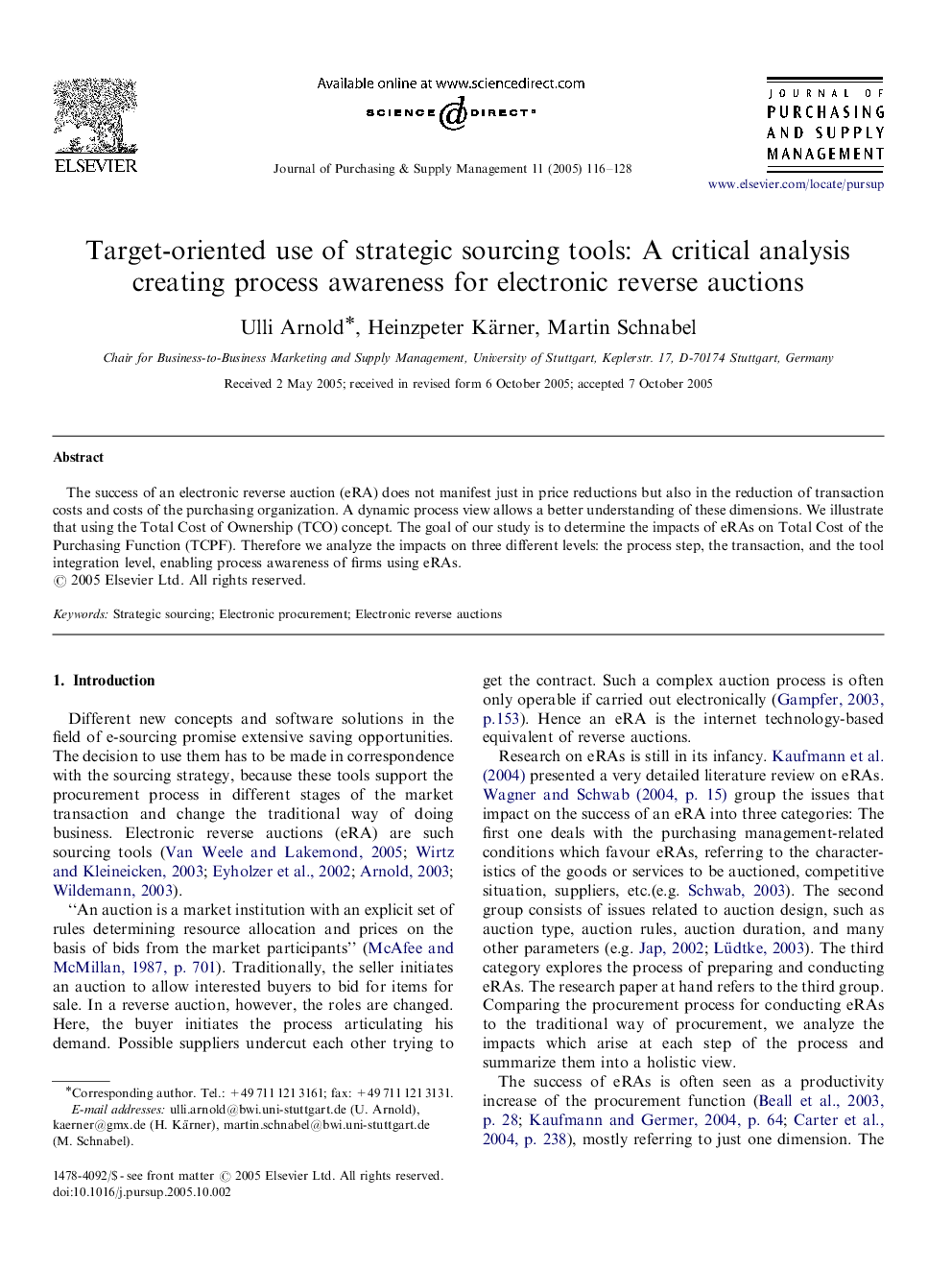 Target-oriented use of strategic sourcing tools: A critical analysis creating process awareness for electronic reverse auctions