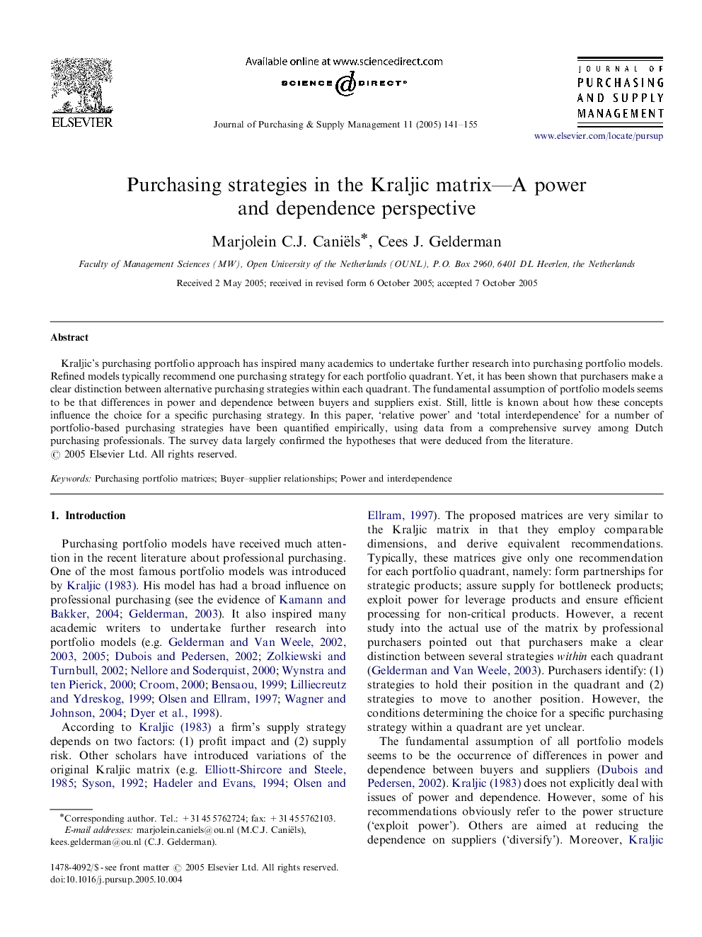 Purchasing strategies in the Kraljic matrix-A power and dependence perspective