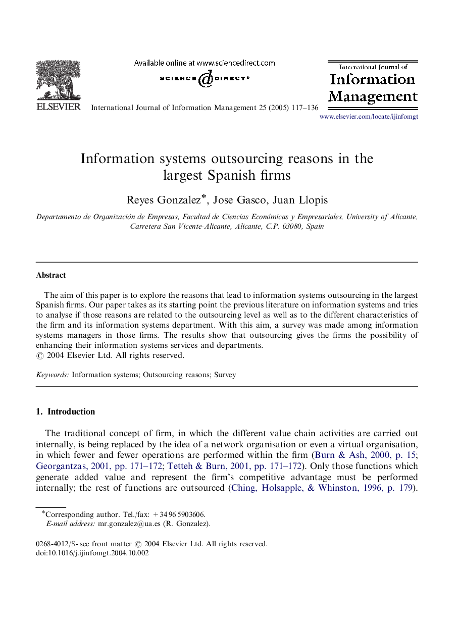 Information systems outsourcing reasons in the largest Spanish firms