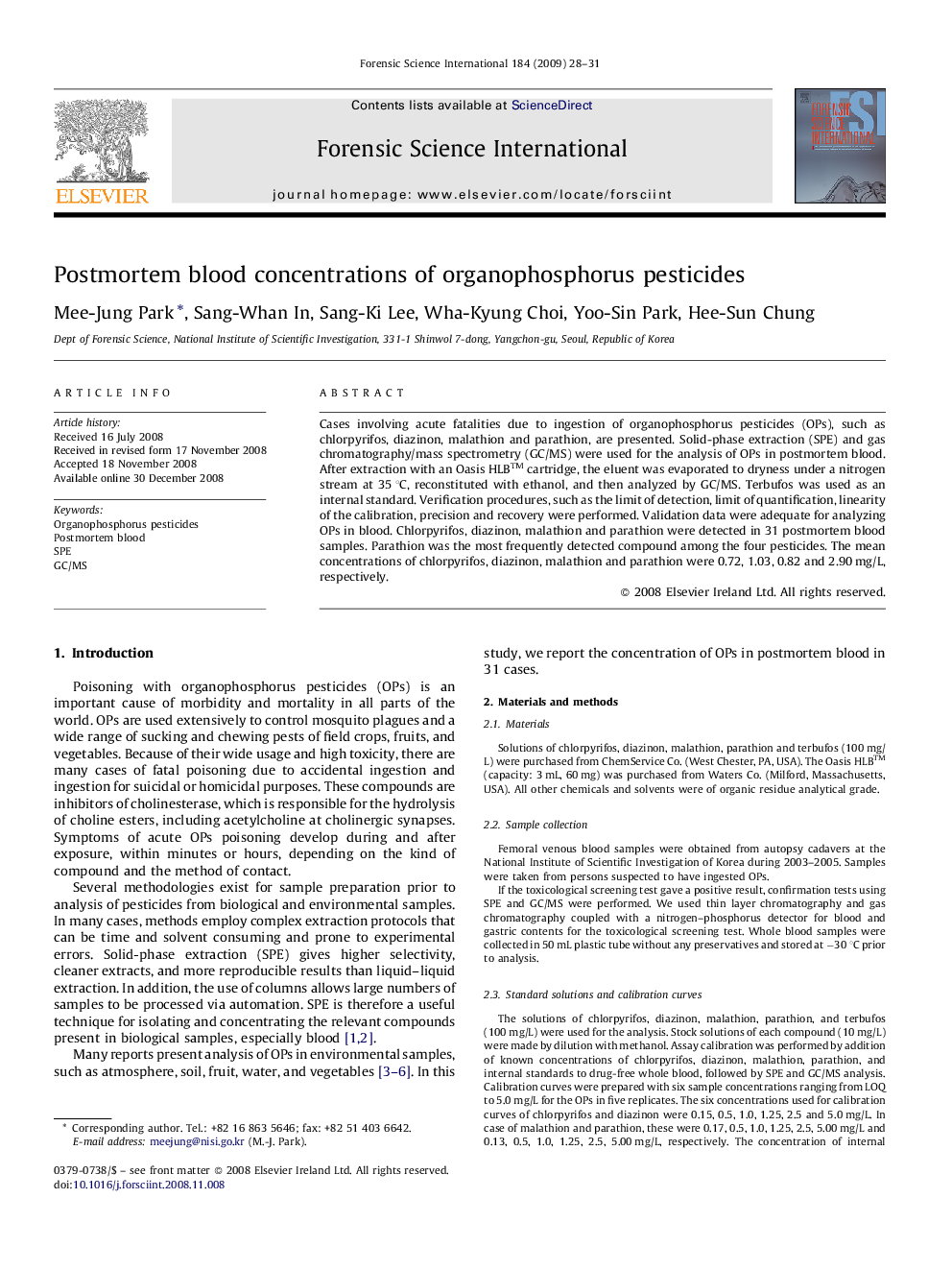 Postmortem blood concentrations of organophosphorus pesticides