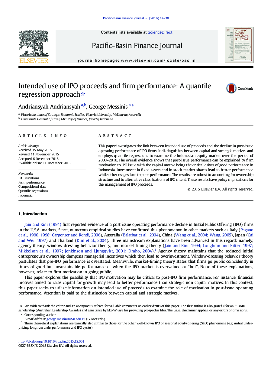 Intended use of IPO proceeds and firm performance: A quantile regression approach 