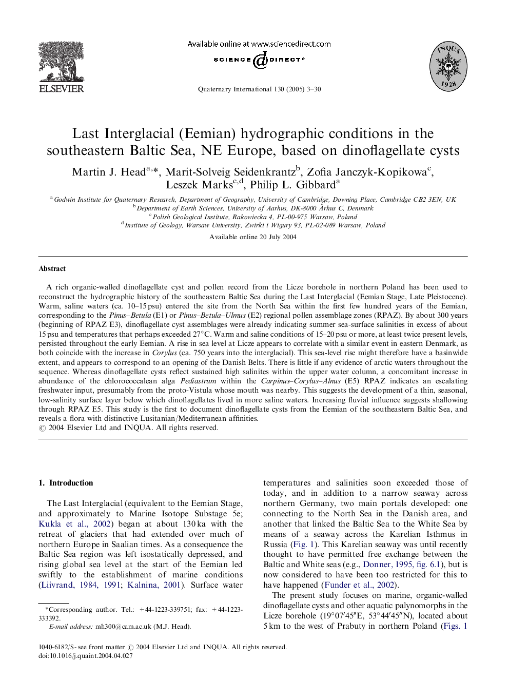 Last Interglacial (Eemian) hydrographic conditions in the southeastern Baltic Sea, NE Europe, based on dinoflagellate cysts