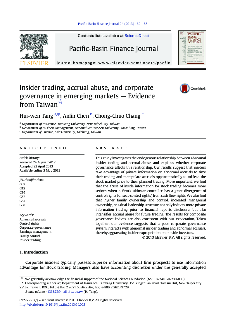 Insider trading, accrual abuse, and corporate governance in emerging markets — Evidence from Taiwan 