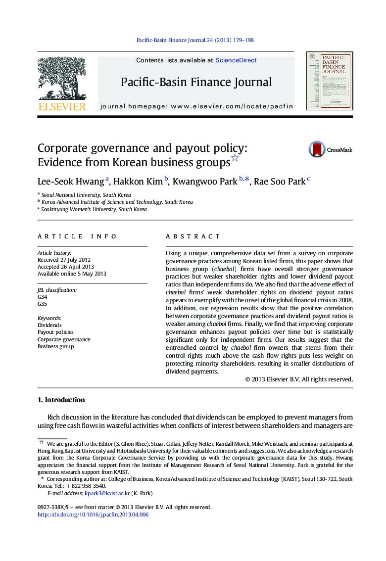 عکس صفحه اول مقاله: Corporate governance and payout policy: Evidence from Korean business groups Corporate governance and payout policy: Evidence from Korean business groups