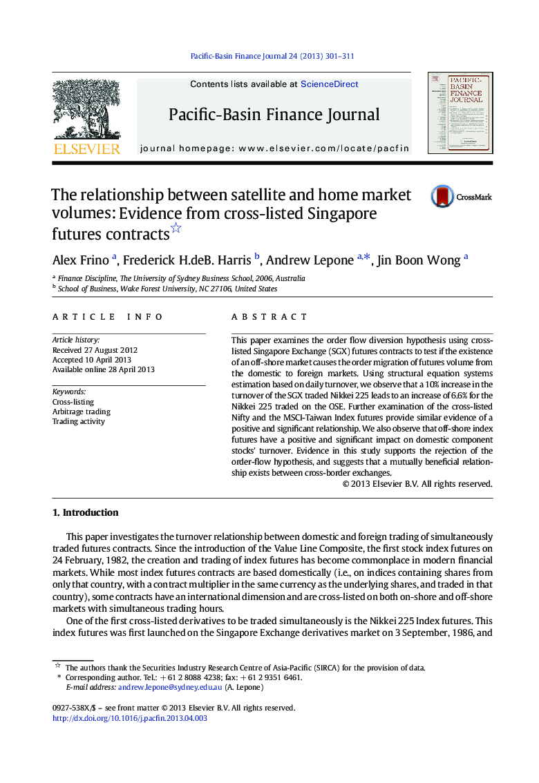 The relationship between satellite and home market volumes: Evidence from cross-listed Singapore futures contracts 