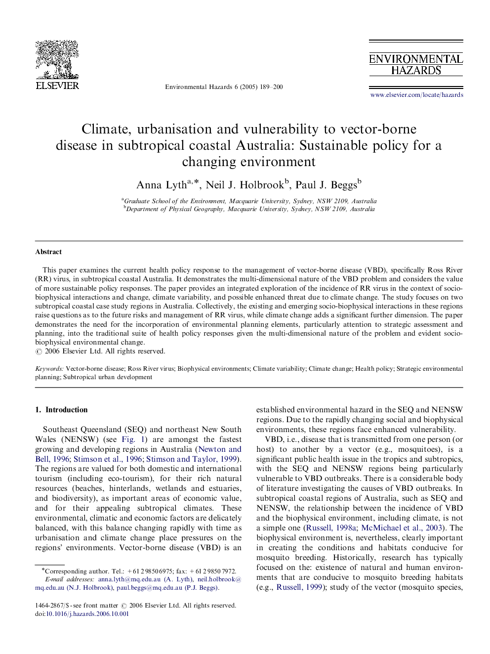 Climate, urbanisation and vulnerability to vector-borne disease in subtropical coastal Australia: Sustainable policy for a changing environment