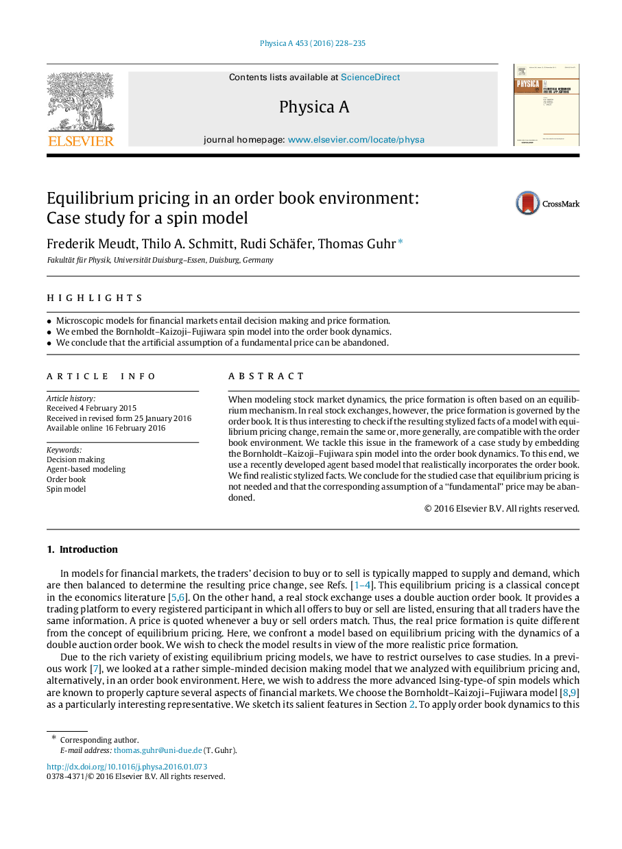 Equilibrium pricing in an order book environment: Case study for a spin model