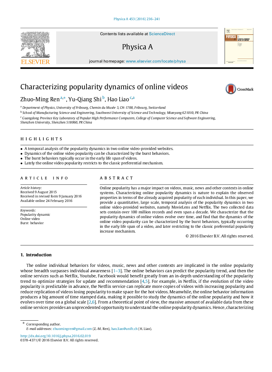 Characterizing popularity dynamics of online videos