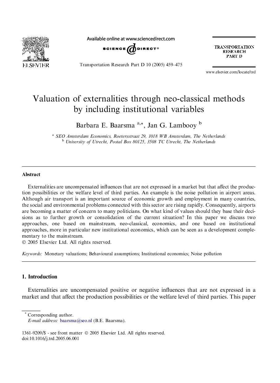 Valuation of externalities through neo-classical methods by including institutional variables