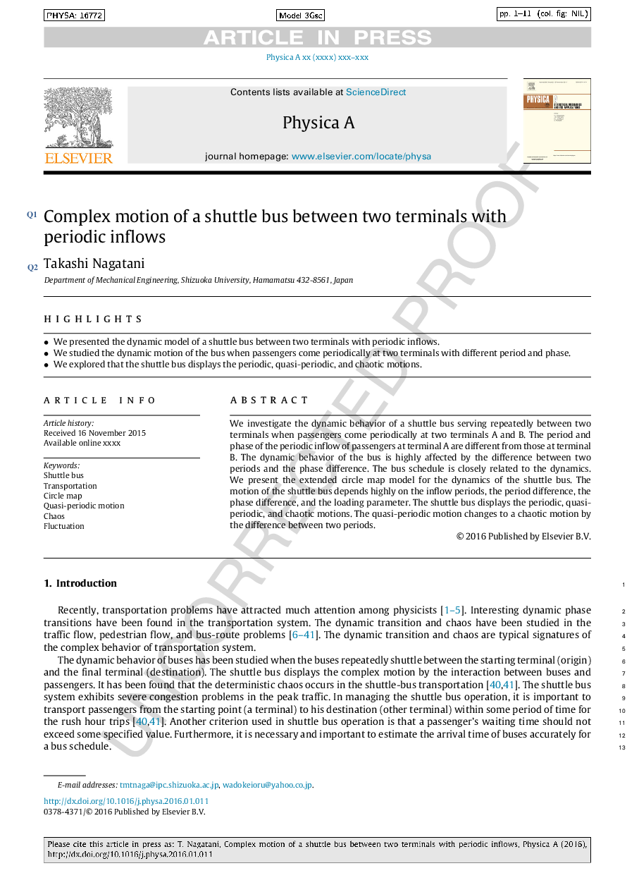 Complex motion of a shuttle bus between two terminals with periodic inflows