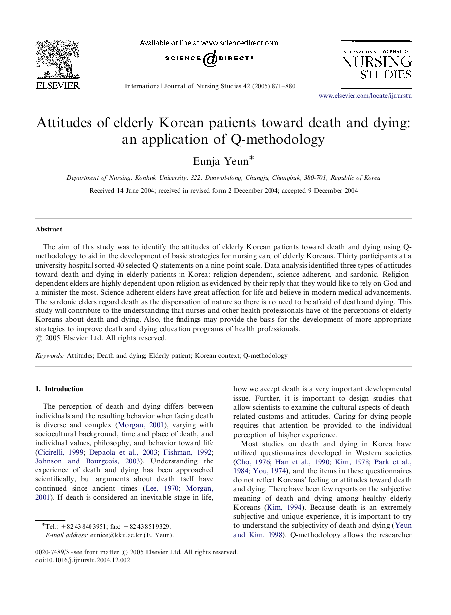 Attitudes of elderly Korean patients toward death and dying: an application of Q-methodology