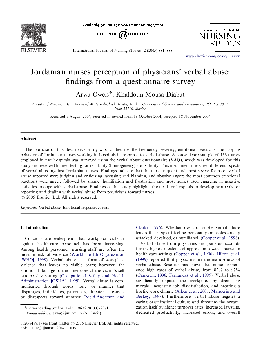 Jordanian nurses perception of physicians' verbal abuse: findings from a questionnaire survey