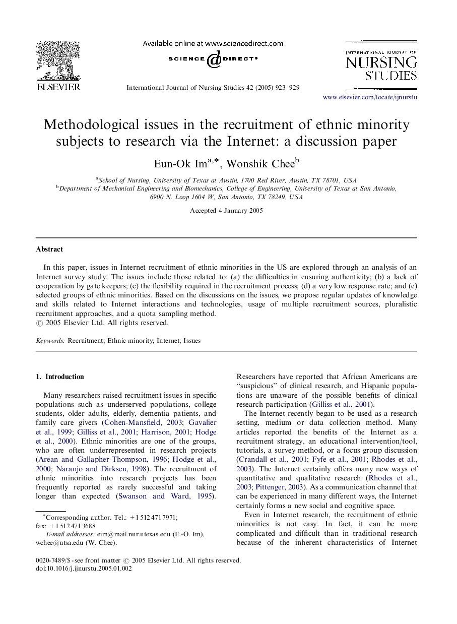 Methodological issues in the recruitment of ethnic minority subjects to research via the Internet: a discussion paper