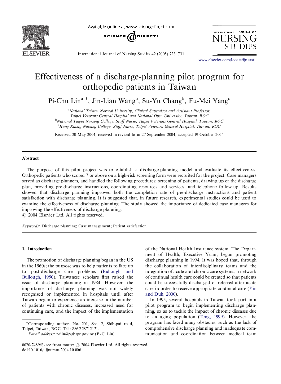 Effectiveness of a discharge-planning pilot program for orthopedic patients in Taiwan