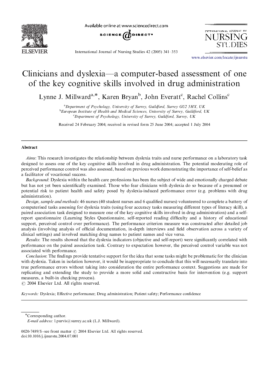 Clinicians and dyslexia-a computer-based assessment of one of the key cognitive skills involved in drug administration