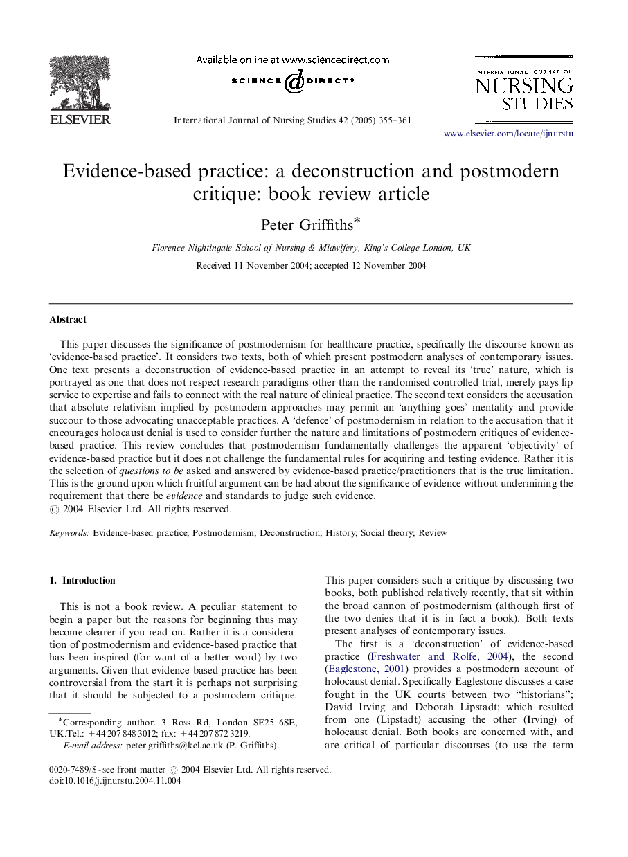 Evidence-based practice: a deconstruction and postmodern critique: book review article