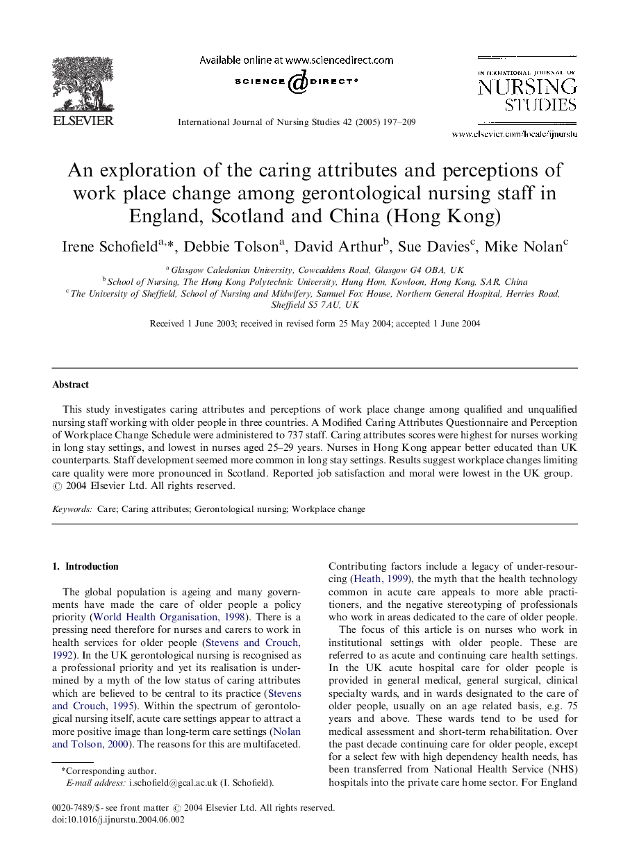 An exploration of the caring attributes and perceptions of work place change among gerontological nursing staff in England, Scotland and China (Hong Kong)