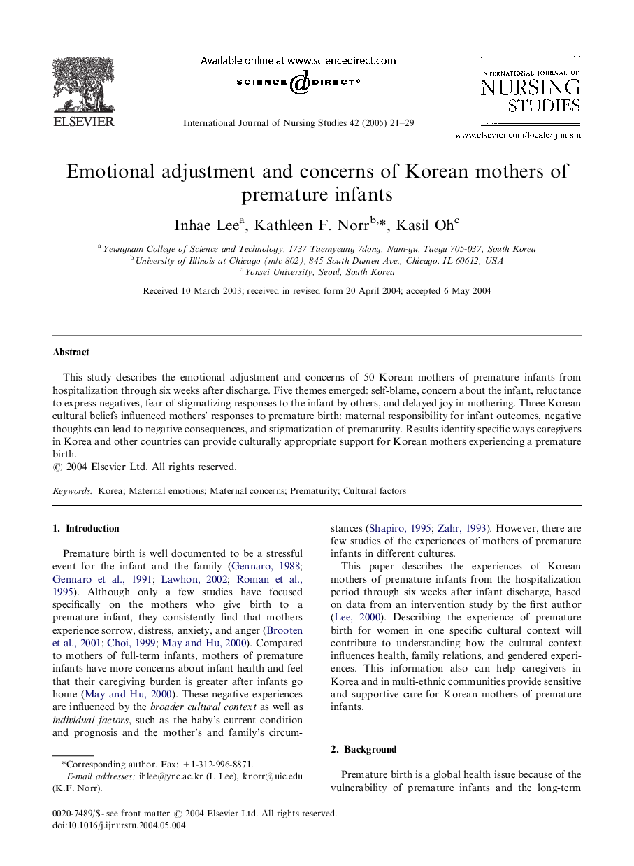 Emotional adjustment and concerns of Korean mothers of premature infants