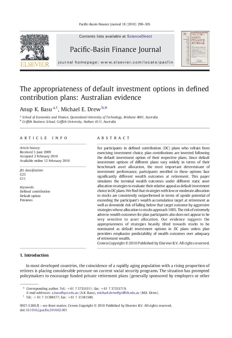 The appropriateness of default investment options in defined contribution plans: Australian evidence