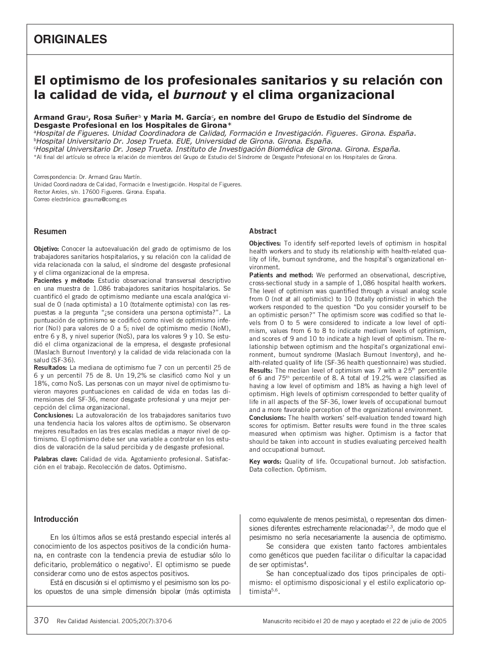 El optimismo de los profesionales sanitarios y su relación con la calidad de vida, el burnout y el clima organizacional