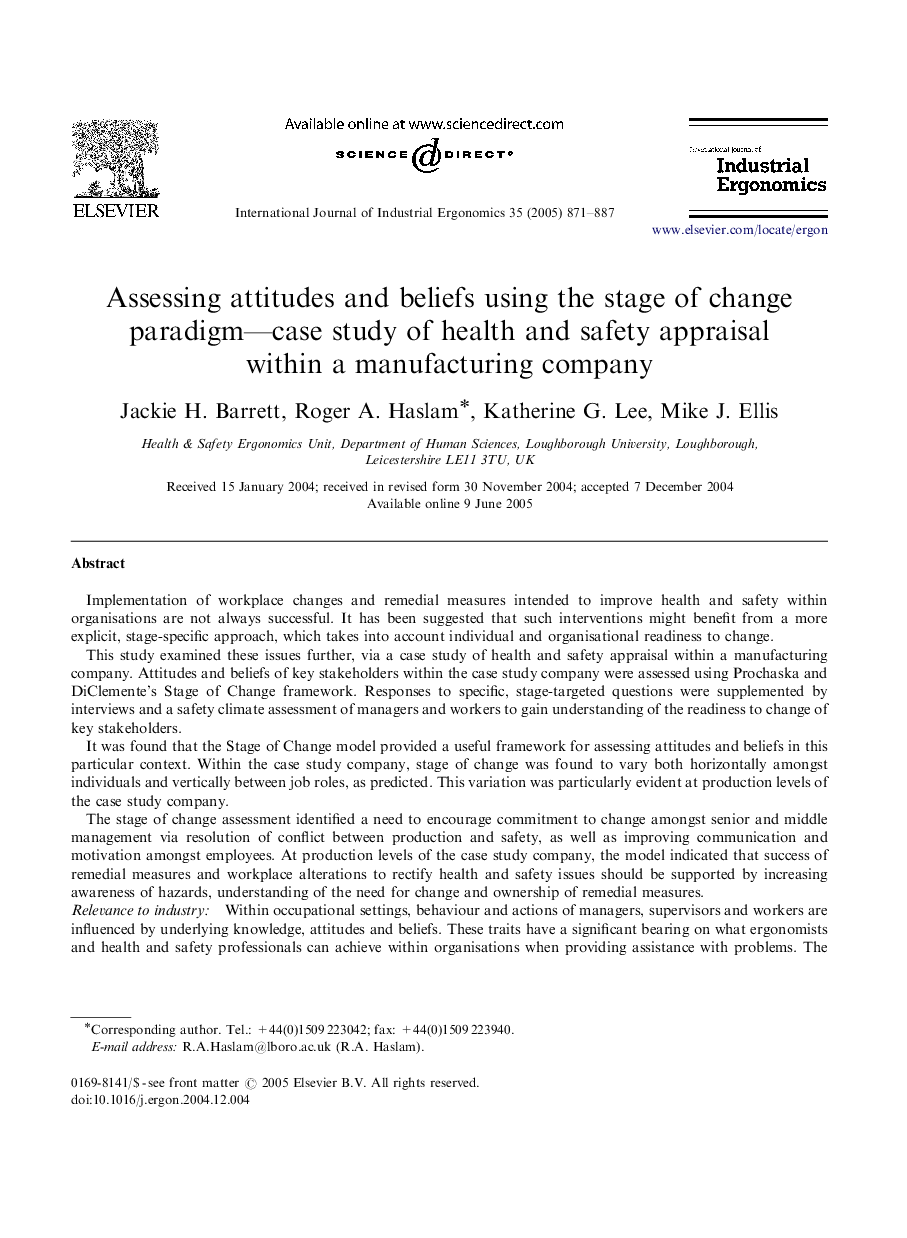 Assessing attitudes and beliefs using the stage of change paradigm-case study of health and safety appraisal within a manufacturing company