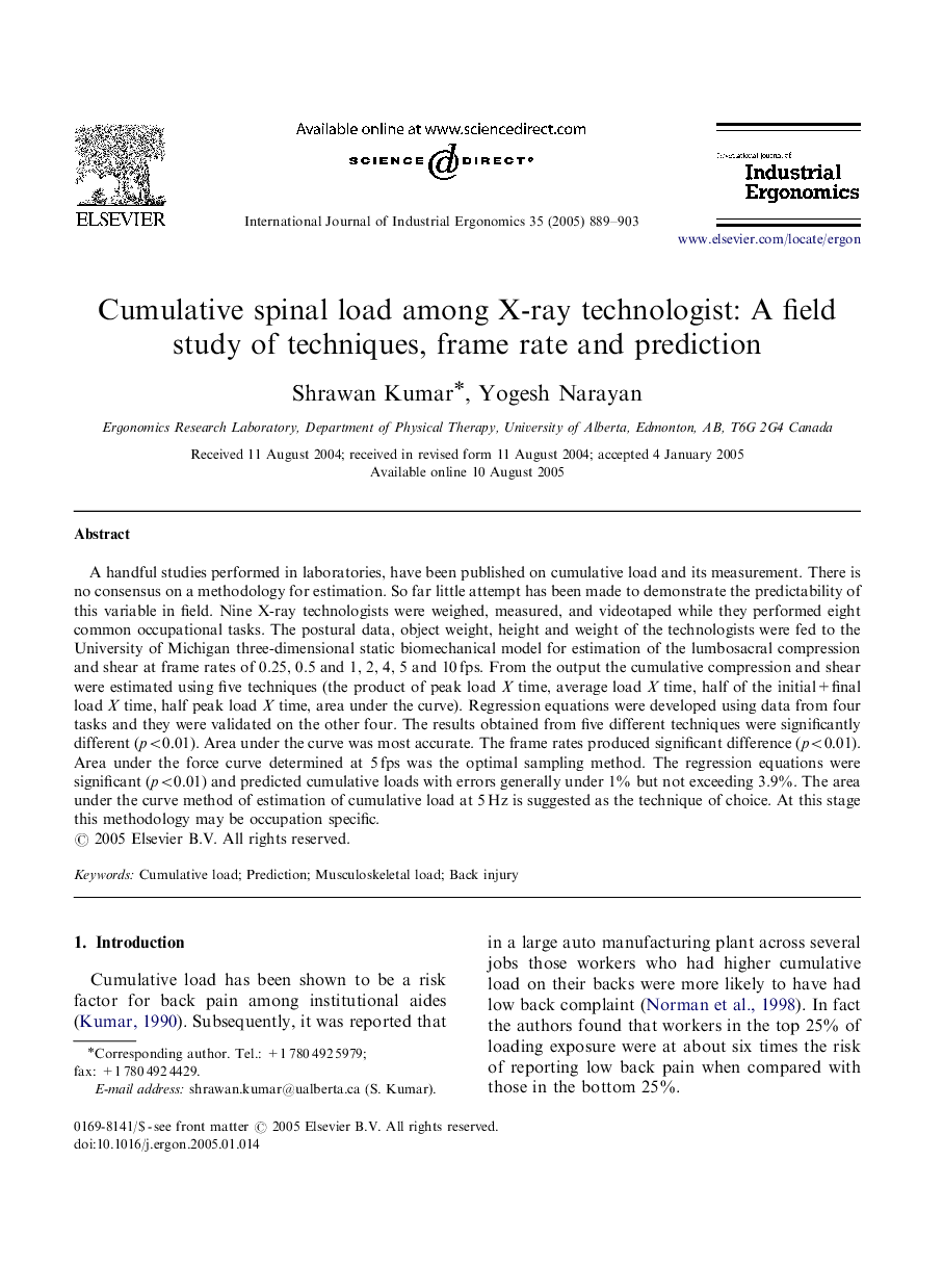 Cumulative spinal load among X-ray technologist: A field study of techniques, frame rate and prediction