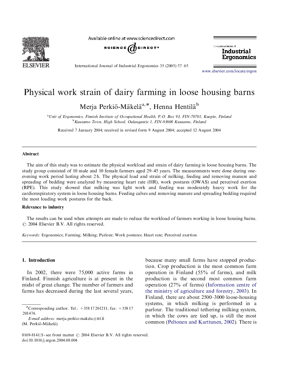 Physical work strain of dairy farming in loose housing barns