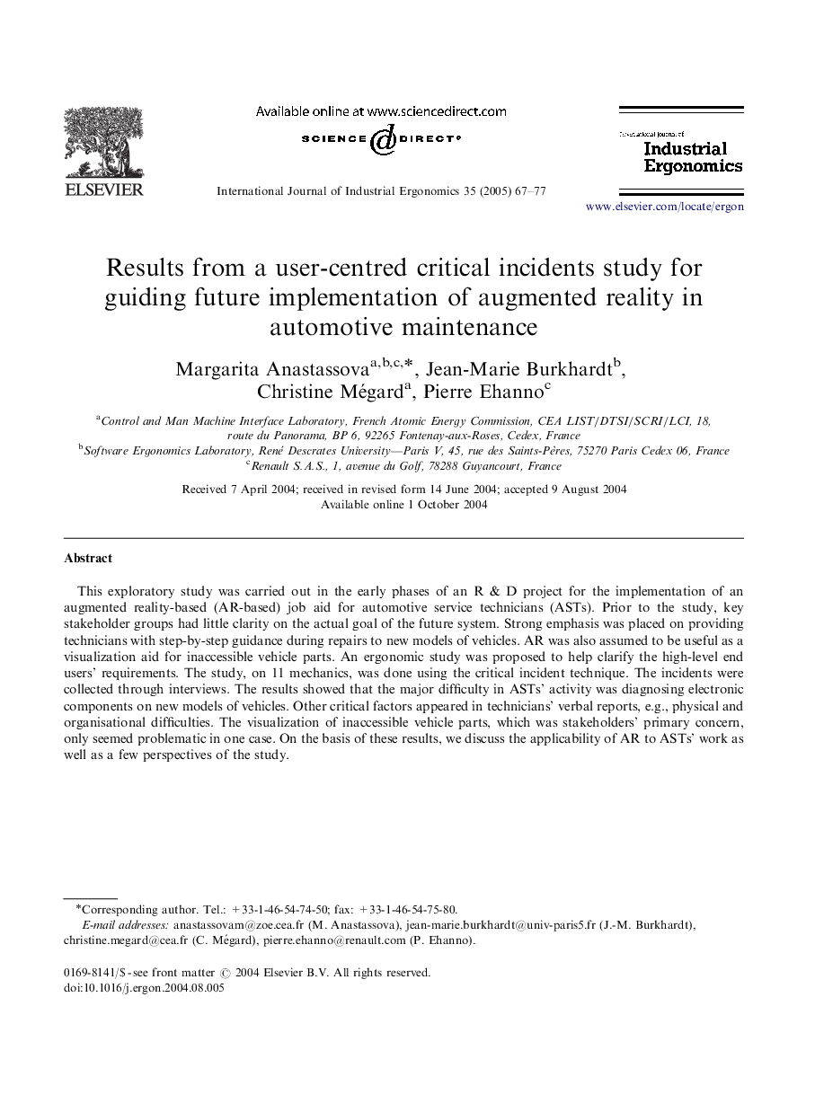 Results from a user-centred critical incidents study for guiding future implementation of augmented reality in automotive maintenance