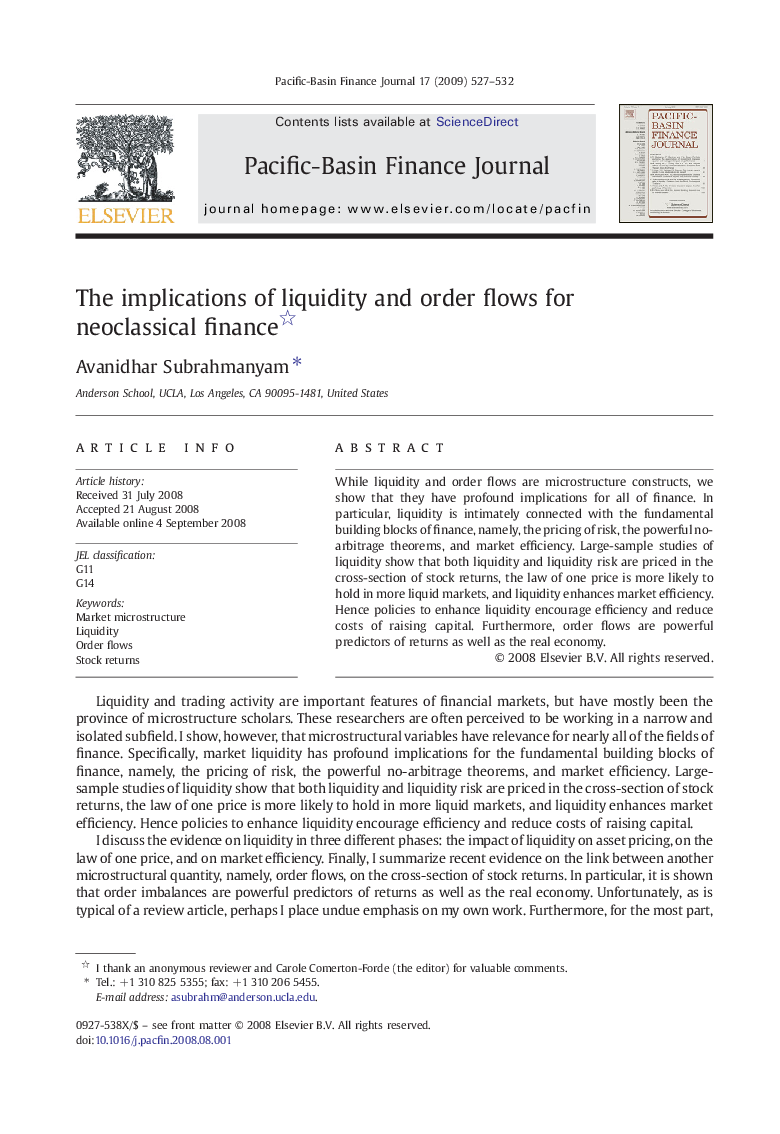 The implications of liquidity and order flows for neoclassical finance 