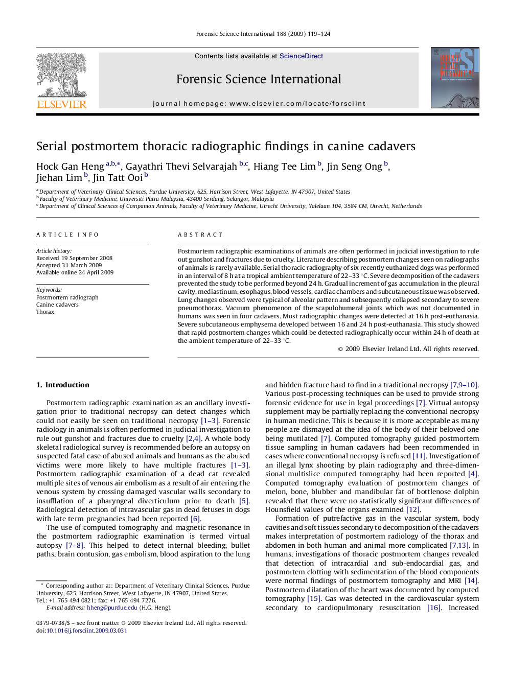 Serial postmortem thoracic radiographic findings in canine cadavers