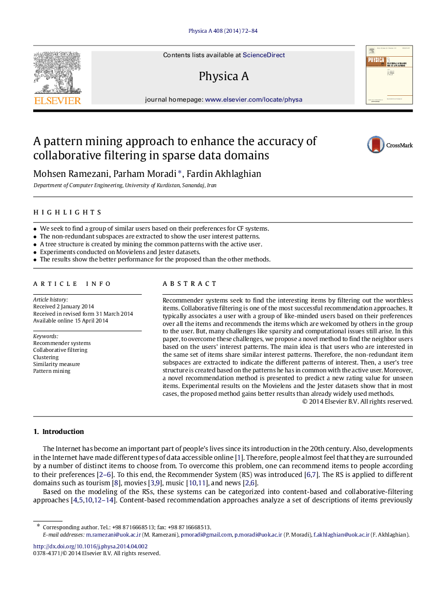 A pattern mining approach to enhance the accuracy of collaborative filtering in sparse data domains