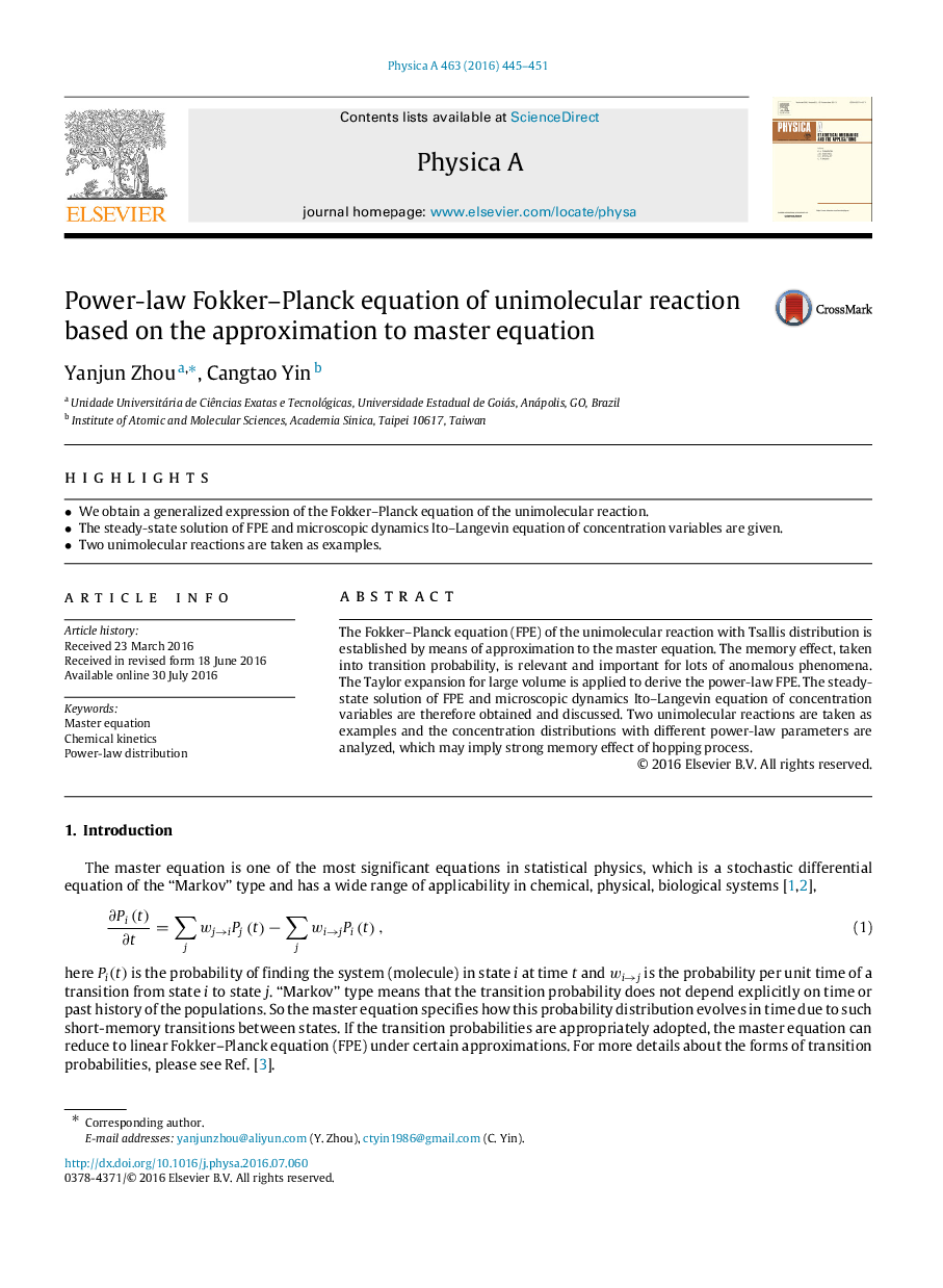 معادله Fokker-Planck قانون قدرت واکنش تکامل یافته بر اساس تقریب برای معادله master 