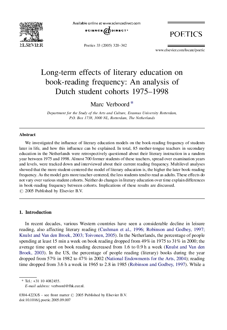 Long-term effects of literary education on book-reading frequency: An analysis of Dutch student cohorts 1975-1998