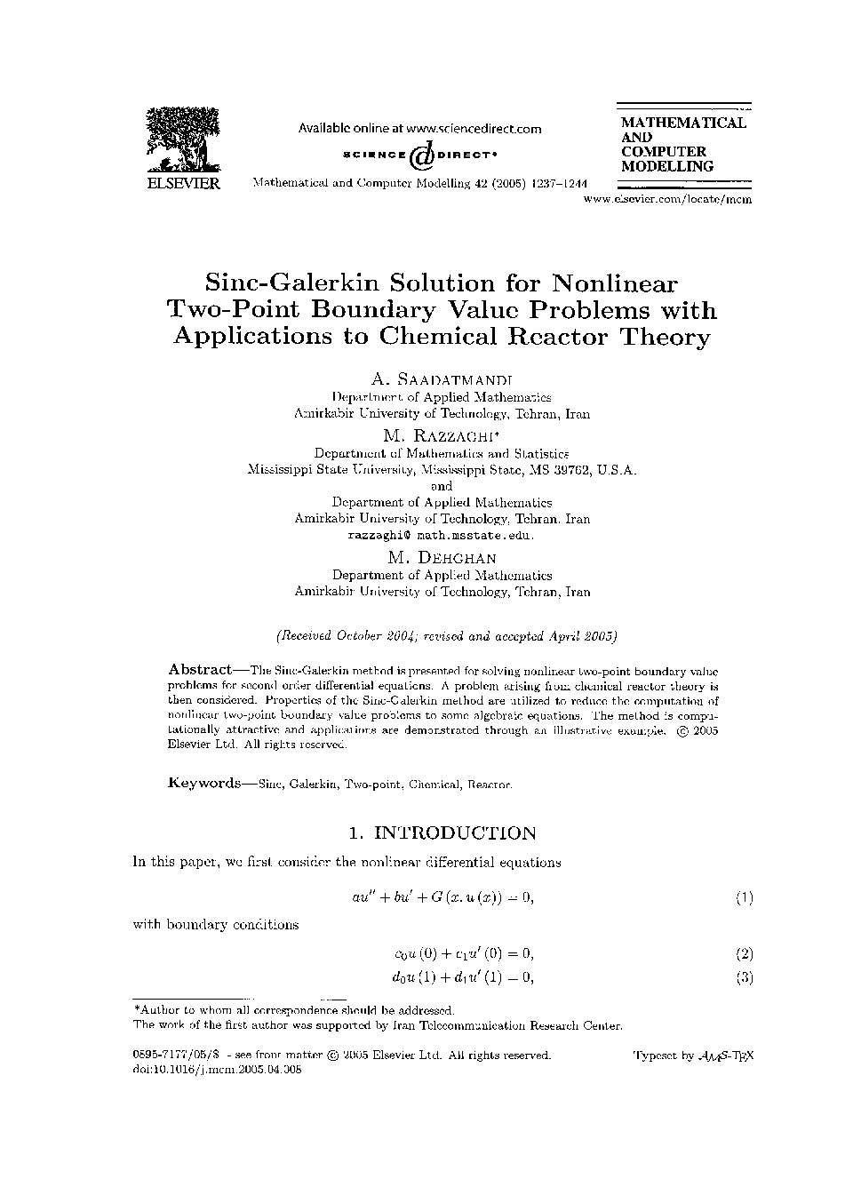 Sinc-galerkin solution for nonlinear two-point boundary value problems with applications to chemical reactor theory