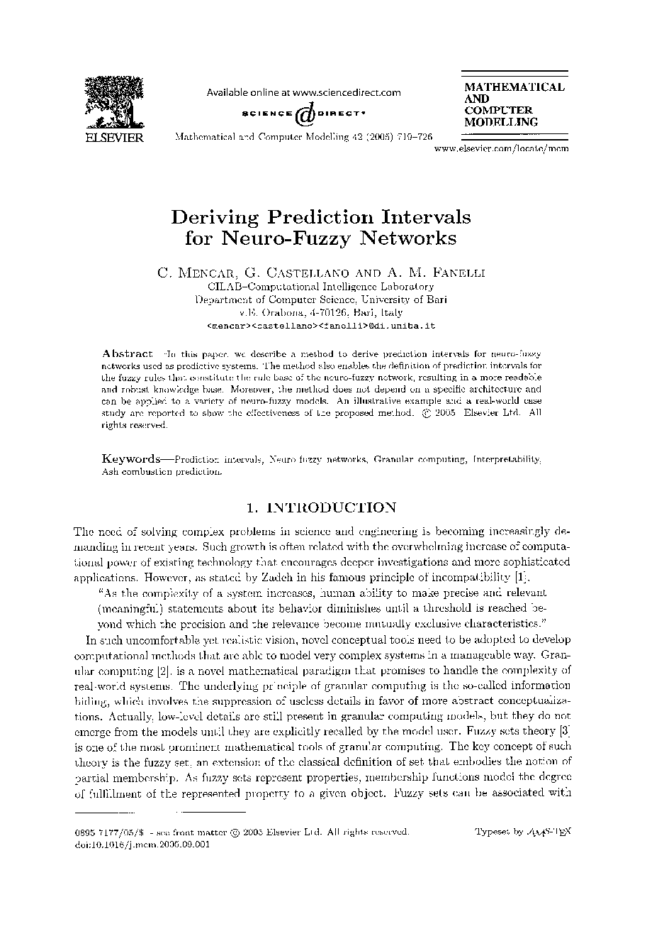 Deriving prediction intervals for neuro-fuzzy networks