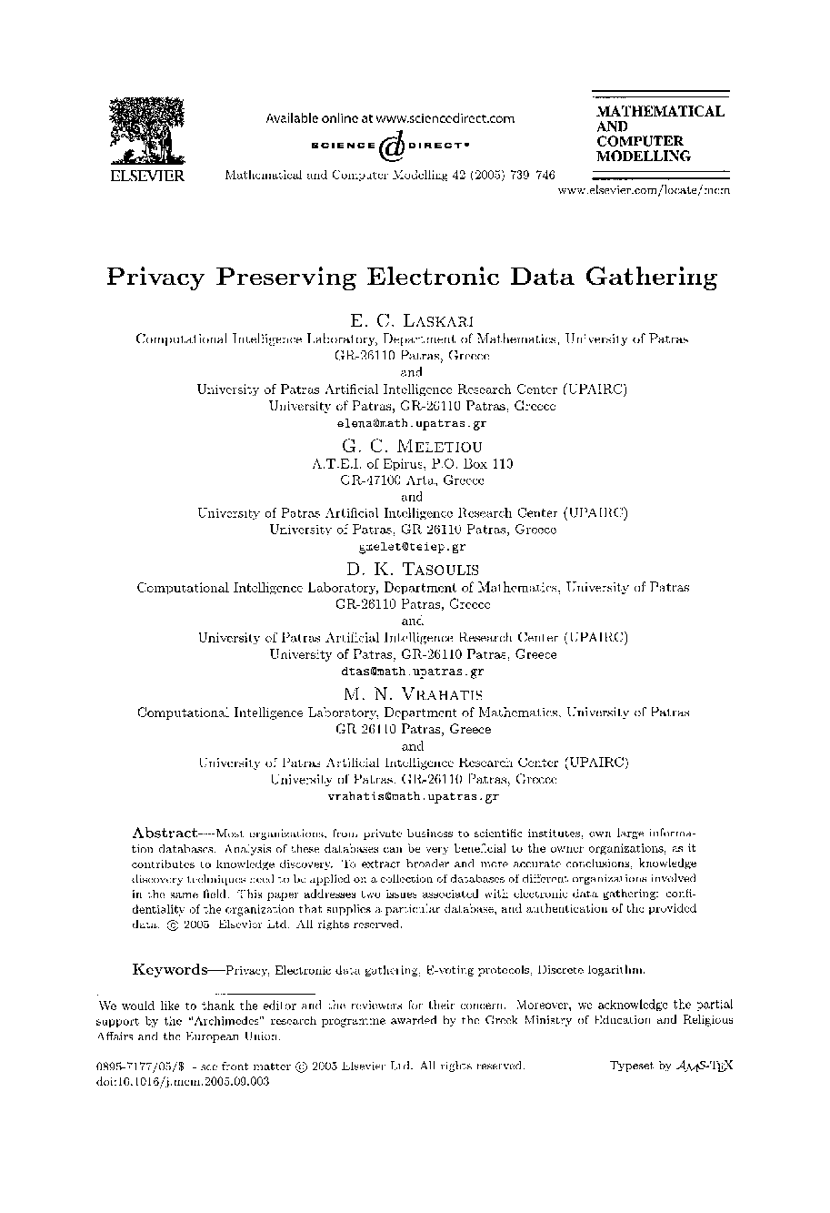 Privacy preserving electronic data gathering