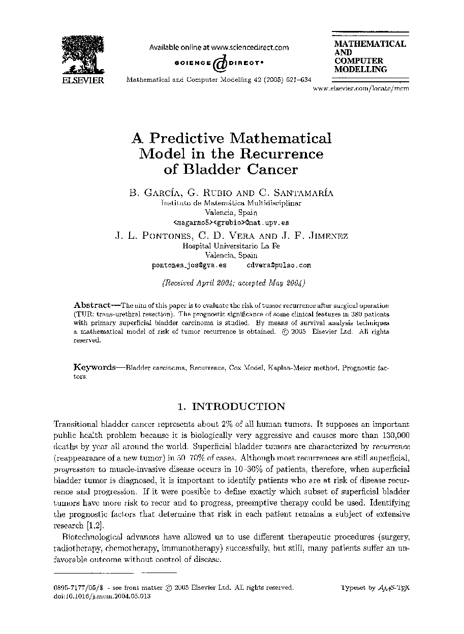 A predictive mathematical model in the recurrence of bladder cancer
