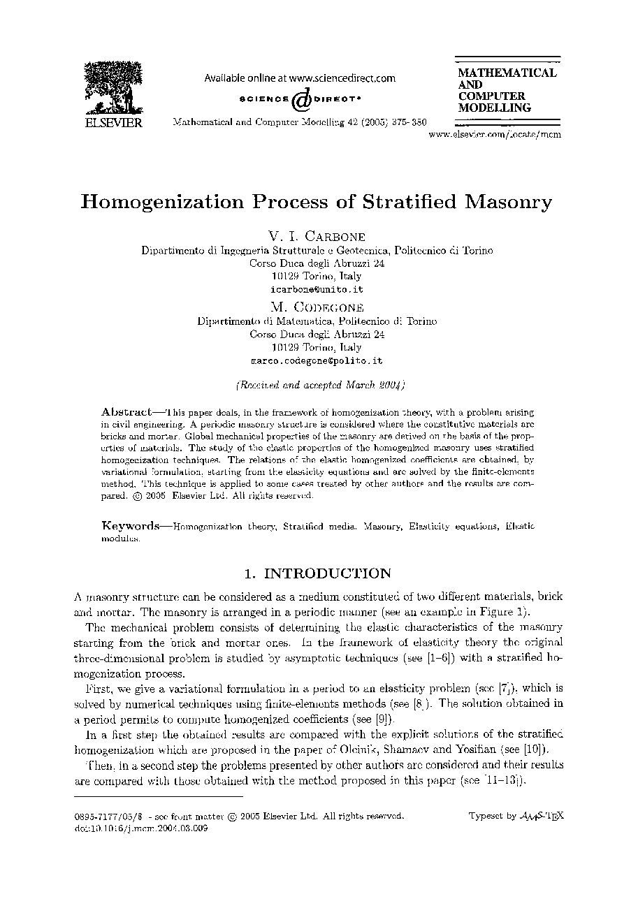 Homogenization process of stratified masonry