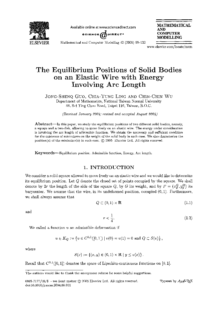 The equilibrium positions of solid bodies on an elastic wire with energy involving arc length