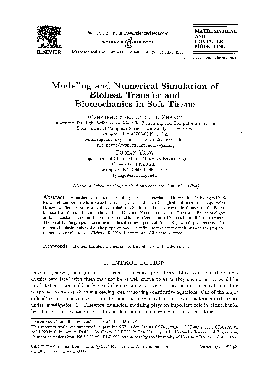 Modeling and numerical simulation of bioheat transfer and biomechanics in soft tissue