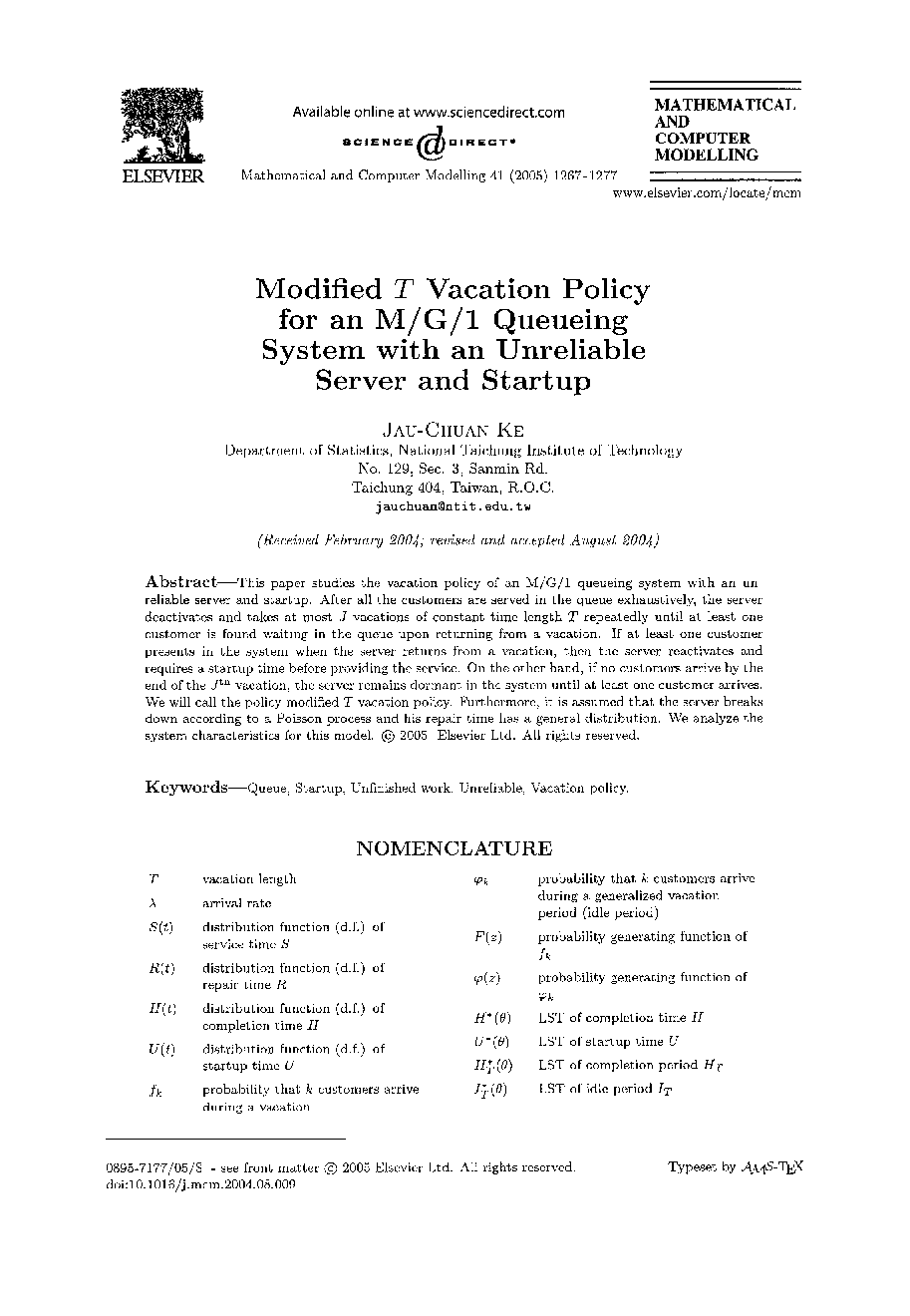 Modified T vacation policy for an M/G/1 queueing system with an unreliable server and startup