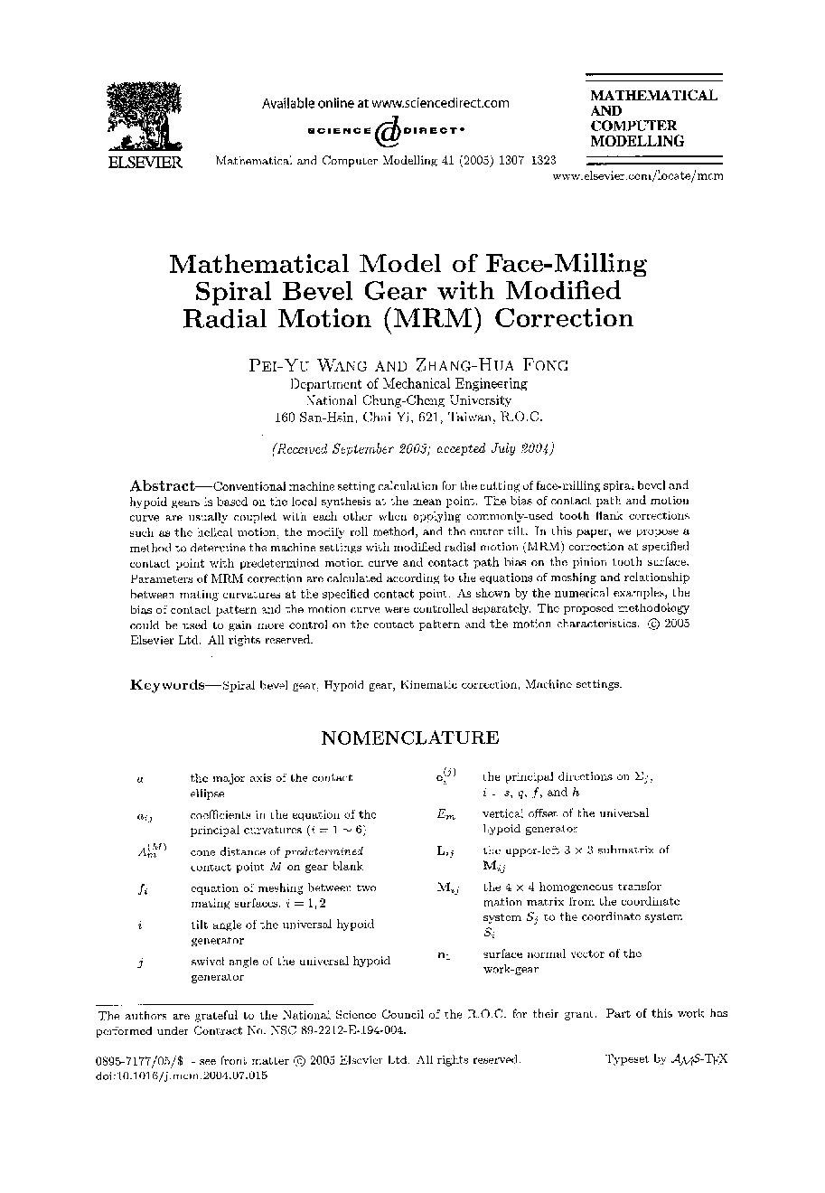 Mathematical model of face-milling spiral bevel gear with modified radial motion (MRM) correction