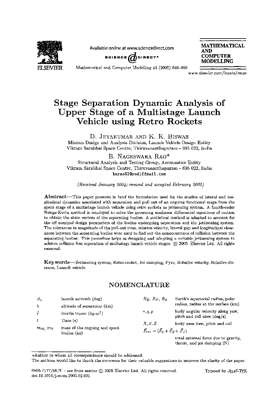 Stage separation dynamic analysis of upper stage of a multistage launch vehicle using retro rockets