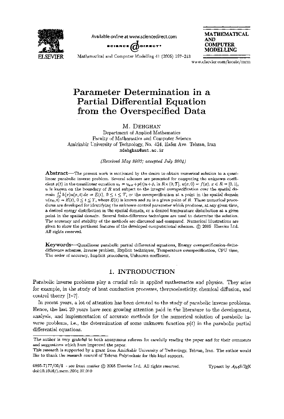 Parameter determination in a partial differential equation from the overspecified data